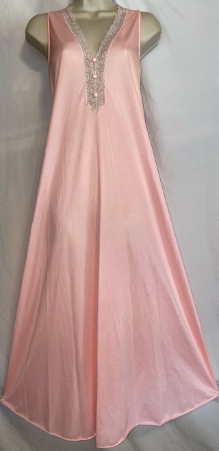Vtg Kayser M L Coral Pink Soft Silky Nylon Nightgown Negligee Gown W Lace
