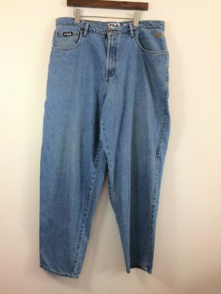 Fila Vintage Men’s Rare Distressed 90’s Light Wash Denim Blue Jeans Size 38 Logo