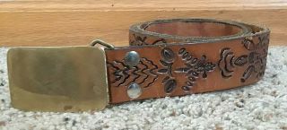 Vtg 1978 Bts Solid Brass Belt Buckle With Vintage Tooled Leather Belt 36.  5 "
