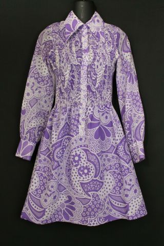 Vtg 1960s 70s Purple Psychedelic Print Mini Dress Go - Go Mod Groovy Sz S/xs