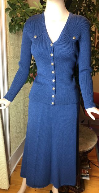 Vintage 70s St John For Saks Fifth Avenue Set Knit Top And Skirt Blue S/m