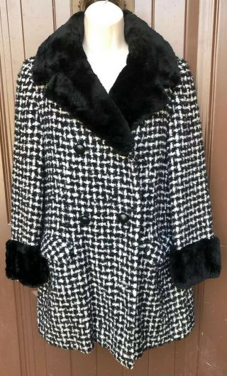 Adolphe Zelinka Ny Black & White Sheared Mink Fur Collar Boucle Jacket Coat L