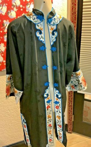 Vtg Golden Bee Black Chinese 100 Silk Robe Kimono Hand Embroidered Small Pkt
