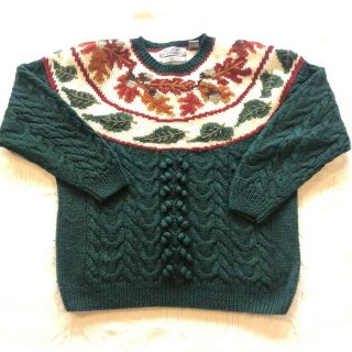Vintage Wool Sweater Hand Knit Autumn Fall Leaves Sz L Fair Isle