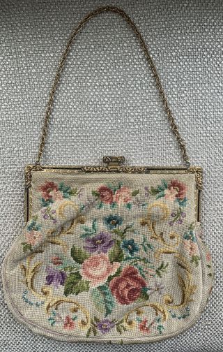 Vintage Handmade Floral Needlepoint Purse Chain Handle W/ Irish Linen Hanky
