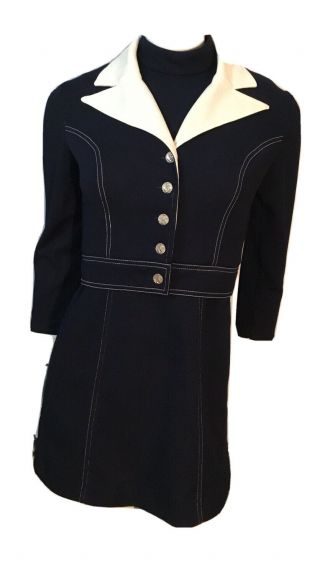 Vintage 60s 70’s Navy Blue Mod Two Piece Mini Dress & Jacket Set Scooter