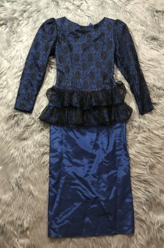 Vtg Gunne Sax Jessica Mcclintock Blue Black Lace 80s Party Dress Sz 4