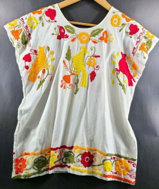 Mexican Xl Xxl Embroidered Shirt Top Bird Colorful Vtg Hippie Boho Flower Scoop