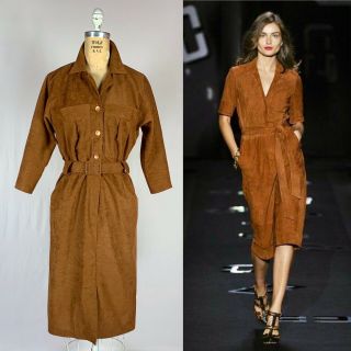 Vintage 70s Brown Micro Suede Belted Safari Shirt Dress Glamour Couture Medium