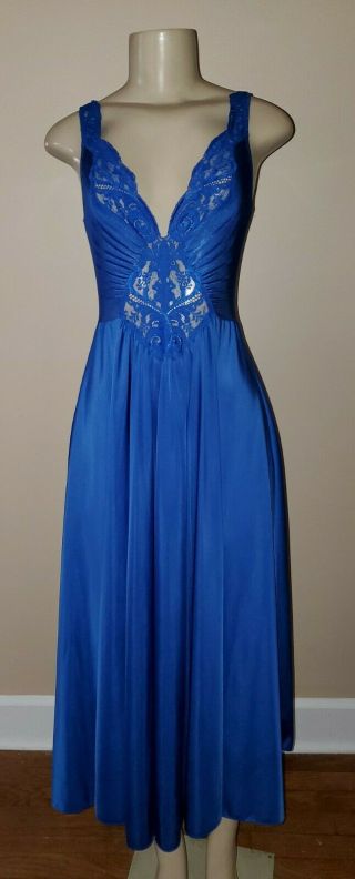 Vintage Olga Royal Blue Nightgown Lace Nylon 92270 Full Sweep Size Medium