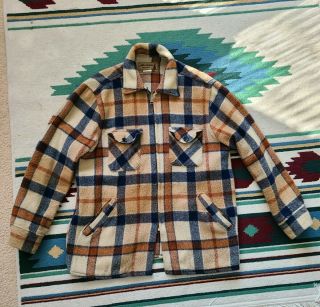 Vintage Tan Plaid Heavy Wool Zip Mackinaw Woolens Jacket Sz L