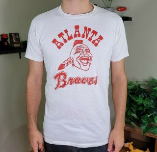 Vintage 80s Russell Athletic Atlanta Braves Mlb Baseball Native Indian Shirt Usa