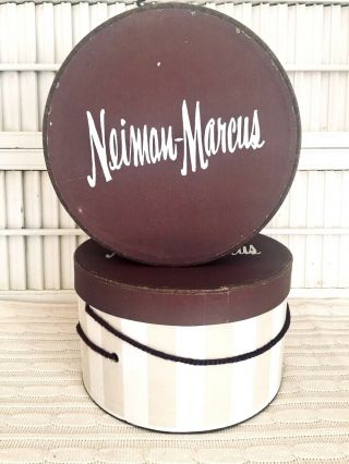 2 Vintage Brown W/stripes Neiman Marcus Designer Luxury Hat Boxes Storage Gift