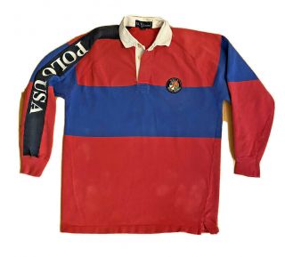 Vintage Ralph Lauren Mens Large Red Blue Embroidered Long Sleeve Rugby Shirt