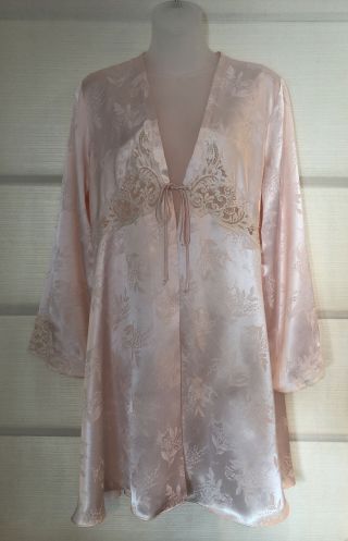 Vtg Christian Dior Pink Embossed Floral Dior Spell Out Satin Robe W/ Lace - M Euc