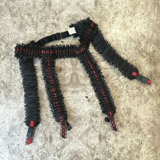 Vintage Black Lace Red Ribbon Garter Belt 4 Strap Sissy Sz L Lacy Ruffle 70s