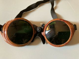 Vtg 40s Willson Safety Goggles Brown Catalin Green Lens Steampunk Motorcycle Bl3