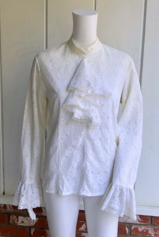 Vtg 60s Mod White Lace High Neck Victorian Jabot Poet Bell Sleeve Top Blouse L