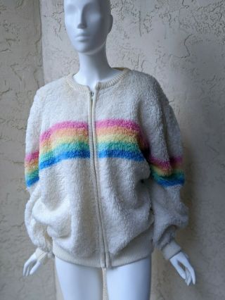 Gitano Vintage 80s Pastel Rainbow Zip High Pile Sweater Womens Large 42