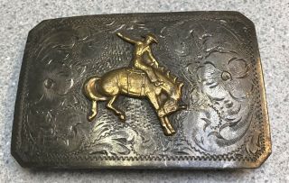 Vintage Sterling Hand Tooled Western Belt Buckle Cowboy Bucking Bronco 3” By 2”