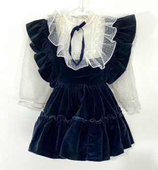 Marthas Miniatures Velvet Dress Size 3t Blue White Sheer Dot Pinafore Ruffled