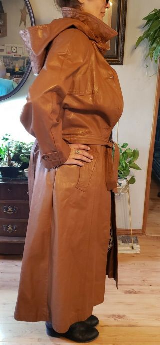 Vintage Full Length Belted Tan Leather Coat Argentina Hooded Lined L@@k