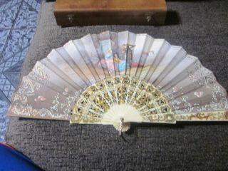 Victorian Hand Fan Mother Of Pearl Hand Painted And Signed From Spain.