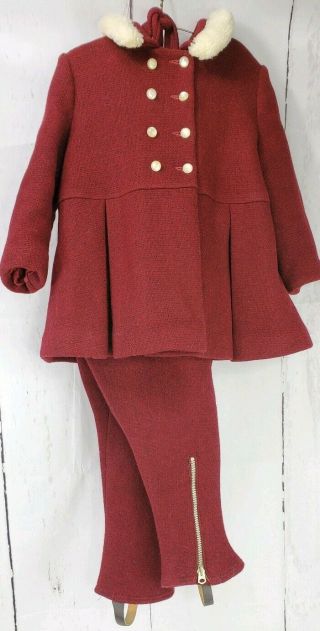 Vtg Kute Kiddies Girls Burgundy Wool Lined Sz 4 Coat Pants Suspenders Hat