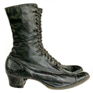 9 N Antique 1890s 1900s Vintage Black Leather Victorian Lace Up Witch Boots