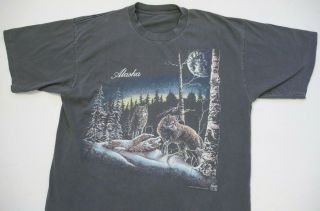 Vintage Alaska T - Shirt Xl 90s Single Stitch Wolves Moon Habitat Animal Art Tee