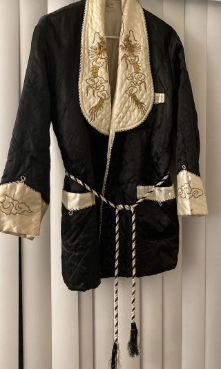 Antique Smoking Jacket Silk Chinese Embroidered Black/ivory Dragons M Small