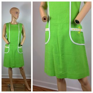 Vtg 60s Novelty Green Buckle Pockets Atomic Mod Twiggy Gogo Dress M L