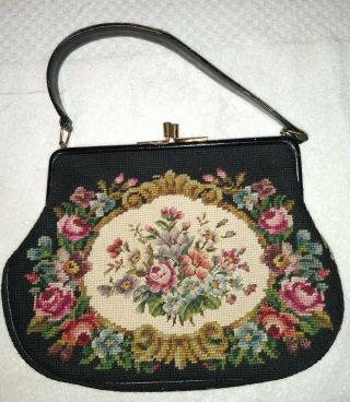 Large Vintage Floral Pink Roses Needlepoint Tapestry Purse Handbag Double Sided