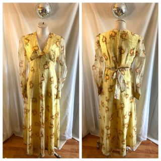 Vintage 60s 70s Floral Bridesmaid Gown Maxi Dress Sheer Long Sleeves Size S/m