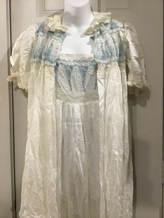 Vtg 40s 50s Iris Blue Embroidery,  Lace Sheer Cotton Peignoir Robe,  Nightgown S M