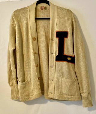 Vintage 1930’s Lowe & Campbell Cream Letterman Cardigan Sweater Size 40 Football
