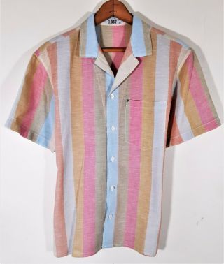 Vintage 70s 80s Man Linen Color Block Stripe Men 