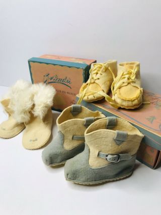 Antique Vintage Felt Baby Or Doll Pre - Walker Shoes Boots Booties Fur With Boxes