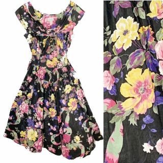 Vtg 80s Expo Cabbage Rose Floral Dress Prairie Swing Pinup Black Size 14