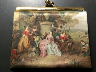Vintage Made - In - Italy Faux Tapestry Printed Silk Change Purse W/expanding Wallet
