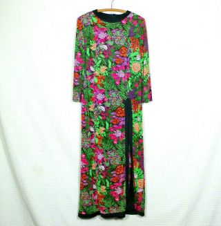 Vtg 70s Midi Dress Black Floral Poly Knit High Slit Long Sleeve House Dress M/l