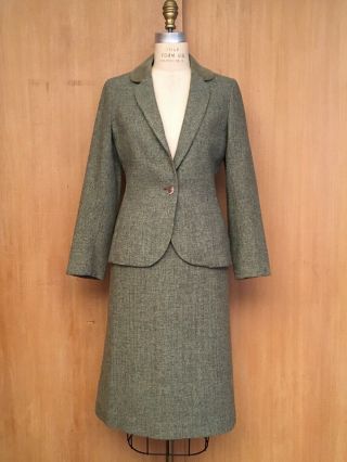 Vtg 60s 70s Lilli Ann Tweed Suit Adolph Schuman Wool Suede Minimalist Sage S