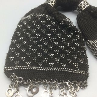 Antique 1900s Victorian Black Hand Crochet Metal Beaded Miser Purse Mesh Bag 2
