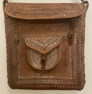 Rare Vintage Leather Hand Tooled Messenger Satchel Saddle Bag Detail