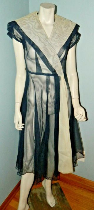 Vintage 1930s Style Art Deco Navy Blue Sheer Gauze Dress Day ?