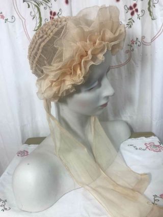 Antique Vtg 20s - 30s Peach Organdie Boudoir Cap Bed Bonnet Hat Flapper Bridal