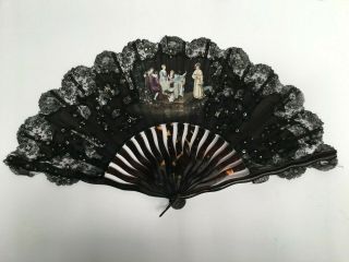 19th C.  French Hand Painted Faux T.  Shell Lace Fan W/ Sequins