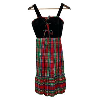 Vintage 1960s Lanz Black Velvet Bustier Red And Green Plaid Holiday Dress
