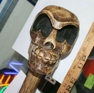 Big Skull Wooden Carved Walking Stick Hand Painted 47 " Wow Look Jsh