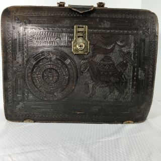 Hand Tooled Leather Briefcase Atache Case Mayan Aztek Calendar Vintage